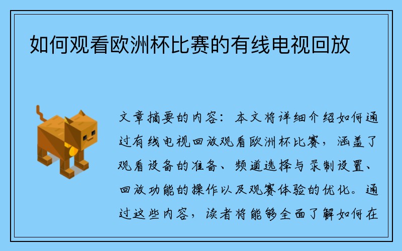 如何观看欧洲杯比赛的有线电视回放